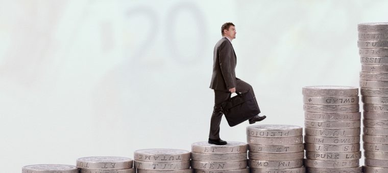 Businessman climbing money stairs, promotion concept