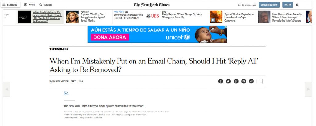 Imagen del artículo "NO" en la versión web de The New York Times
