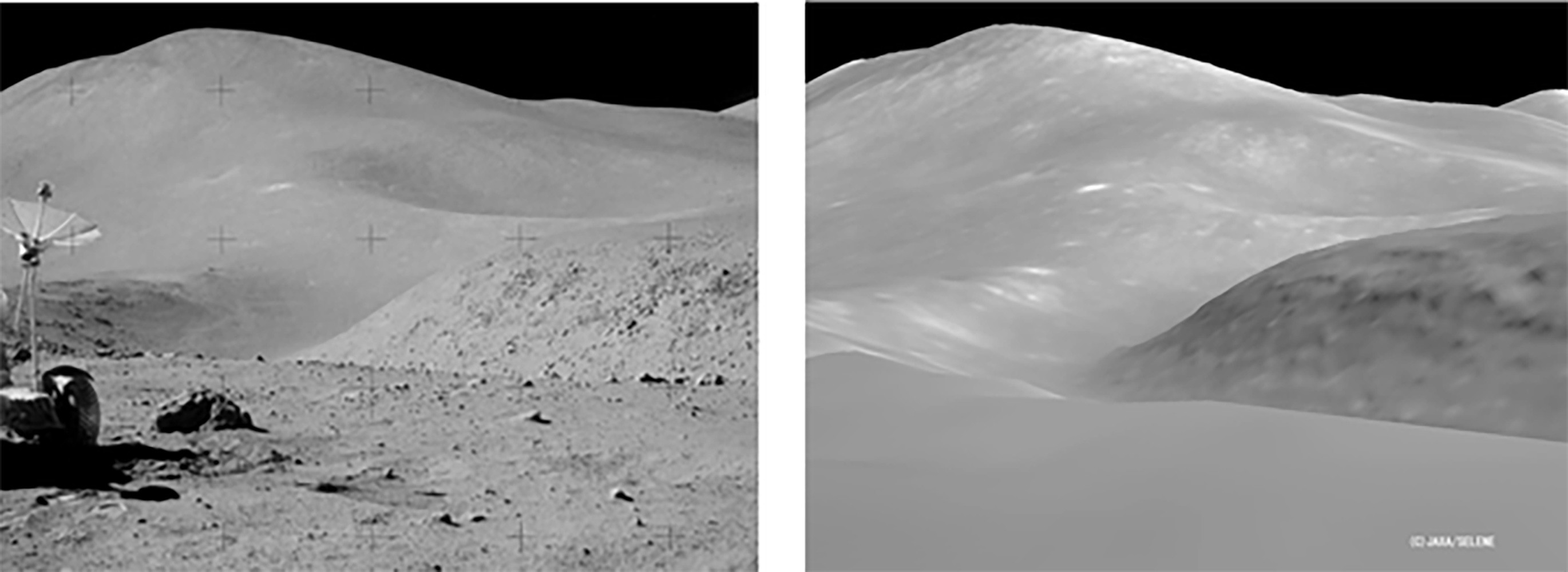 alunizaje A la izquierda, foto del Mar de la Tranquilidad tomada por los astronautas; a la derecha, foto del mismo paisaje tomada por la sonda japonesa Selene. Alunizaje