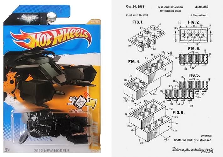 Modelo actual Hot Wheel, fuente Amazon / Patente de LEGO, 1961, documento de dominio público