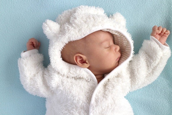 Baby in teddy bear suit