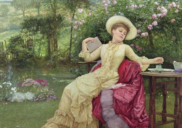 Drinking Coffee And Reading In The Garden Painting by Edward Killingworth Johnson; Drinking Coffee And Reading In The Garden Art Print for sale