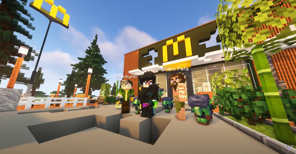 Los personajes de Vegetta, Willyrex y SapoPeta frente a McDonald's en Karmaland